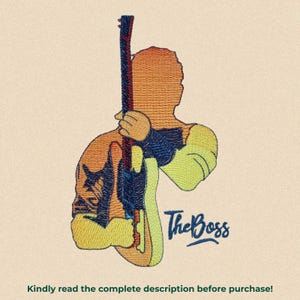 May include: An embroidered patch featuring a silhouette of a person playing a guitar, rendered in shades of orange, yellow, and dark blue. The text "The Boss" is embroidered in dark blue script below the figure, with additional text below.