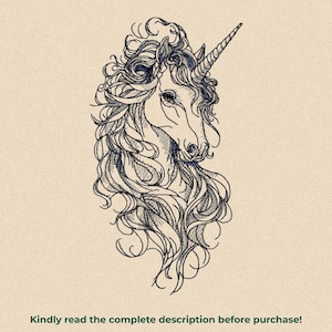 May include: A dark blue embroidered unicorn head with a flowing mane and a single horn, rendered in a detailed line art style. Below the unicorn, the text reads: Kindly read the complete description before purchase! The design is on a tan background.