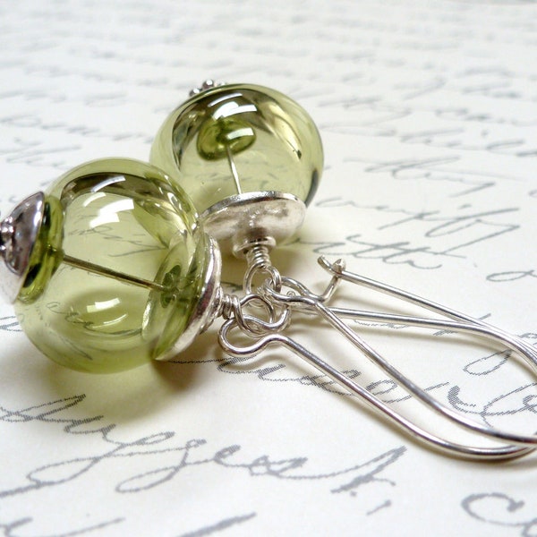 Mojito Green Lampwork Earrings / Hollow Handcrafted Glass Beads / SimplyJoli / Sterling Silver / Spring Green