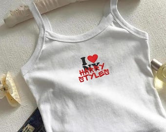 Camiseta de bebé bordada de Harry Styles, top de tirantes finos, camiseta sin mangas estilo nadador, camiseta "I Love Harry Styles", regalo para fans del Y2K