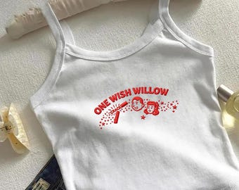 Camiseta sin mangas para bebé con bordado "Obsession One Wish Willow", top corto gráfico rojo con estética Y2K, camisa de estilo indie streetwear para mujer 2026