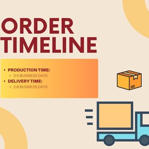 May include: An informational graphic titled ORDER TIMELINE in dark red text. It lists PRODUCTION TIME as 3-5 business days and DELIVERY TIME as 2-8 business days. The design includes a yellow-orange box, a brown cardboard box, and a blue delivery truck.