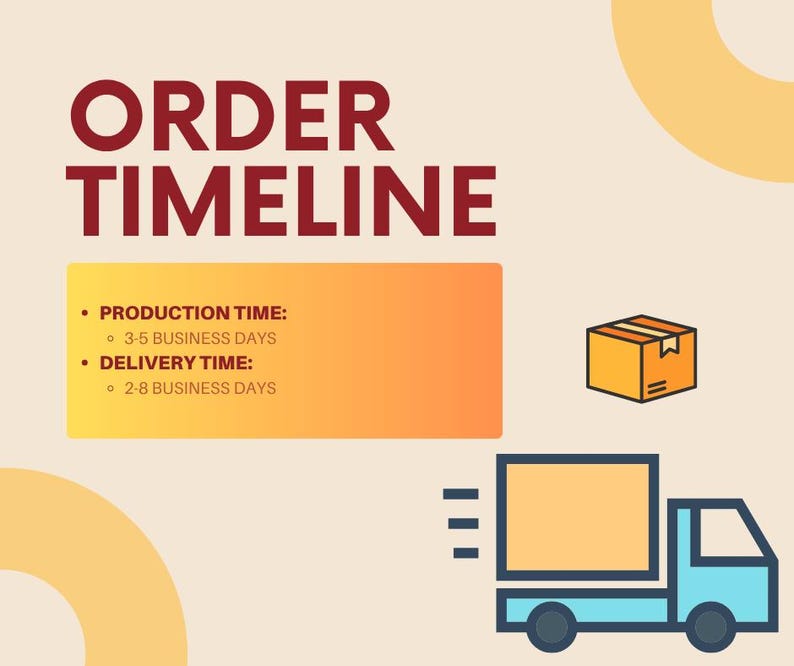 May include: An informational graphic titled ORDER TIMELINE in dark red text. It lists PRODUCTION TIME as 3-5 business days and DELIVERY TIME as 2-8 business days. The design includes a yellow-orange box, a brown cardboard box, and a blue delivery truck.