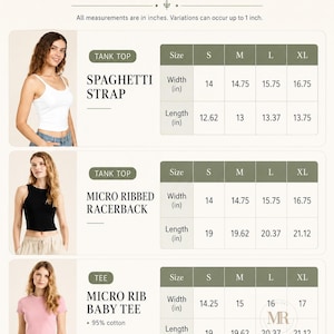 May include: A size chart for apparel featuring three sections: a white spaghetti strap tank top, a black micro ribbed racerback tank top, and a pink micro rib baby tee. Each section includes a table with width and length measurements in inches.
