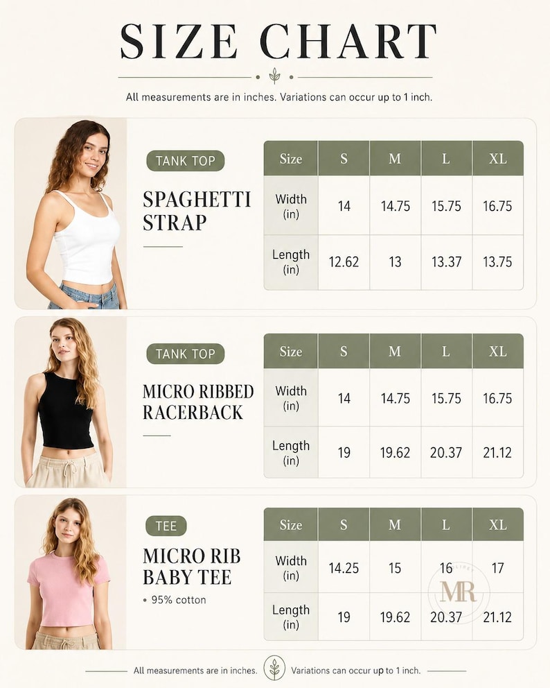 May include: A size chart for apparel featuring three sections: a white spaghetti strap tank top, a black micro ribbed racerback tank top, and a pink micro rib baby tee. Each section includes a table with width and length measurements in inches.