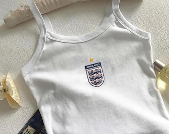 England Football Baby Tee Tank Top Embroidered Anime Style Jersey Crop Top, World cup 2026 Aesthetic Women Sports Streetwear