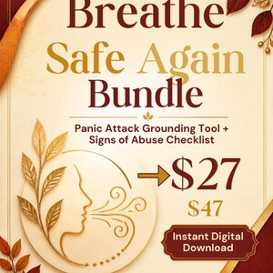 Könnte beinhalten: Ein digitaler Flyer mit dem Titel Breathe Safe Again Bundle, der ein Panic Attack Grounding Tool und eine Signs of Abuse Checklist enthält. Das Design zeigt ein goldenes Linienkunst-Profil eines ausatmenden Gesichts, Herbstblätter und Text.