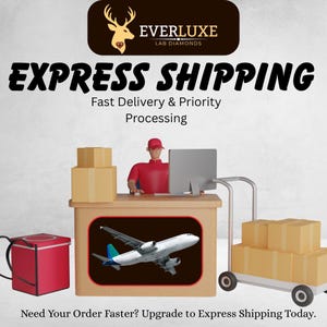 Può includere: Una grafica con il logo Everluxe Lab Diamonds con un'icona di testa di cervo, il testo Express Shipping, Fast Delivery & Priority Processing e un'illustrazione 3D di una persona alla scrivania con scatole, un aereo e un carrello a mano.