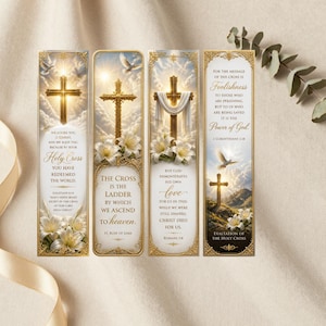 Op de afbeelding: Vier rechthoekige bladwijzers met religieuze afbeeldingen, waaronder gouden kruisen, witte lelies, duiven en wolken. Elke bladwijzer toont inspirerende teksten en bijbelverzen in elegante typografie met sierlijke, goudkleurige randen.