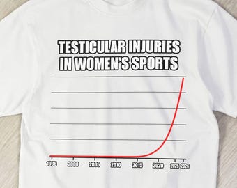 May include: A white short-sleeved t-shirt featuring a black text graphic that reads Testicular Injuries In Women's Sports above a line graph with a red line showing an upward trend from the year 1995 to 2026 on a horizontal axis.