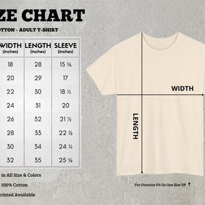 May include: A size chart for a heavy cotton adult t-shirt, displaying width, length, and sleeve measurements in inches for sizes S through 5XL. The chart includes a diagram of a cream-colored t-shirt with lines indicating where width and length are measured.