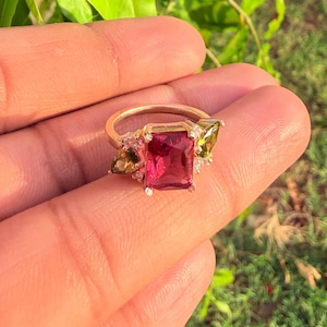 Sterling Silver Ruby Peridot Cluster Ring| Octagon Pear Cut Engagement Jewelry