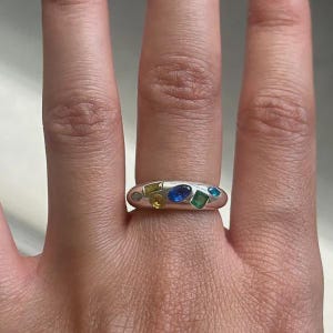 925 Sterling Silver Mixed Birthstone Dome Ring| Chunky Art Deco Statement Ring| Retro Boho Silver Ring Unique Gift for Her