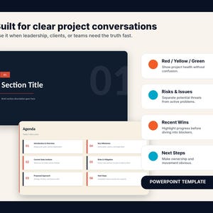 May include: A PowerPoint template with a dark blue background and white text. The template includes sections for a title, agenda, and key milestones. The text includes "Built for clear project conversations" and "POWERPOINT TEMPLATE."