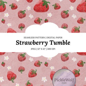 Strawberry and Flowers Watercolor Seamless Pattern, Instant Download, Cozy Background, Summer, Spring, Pink