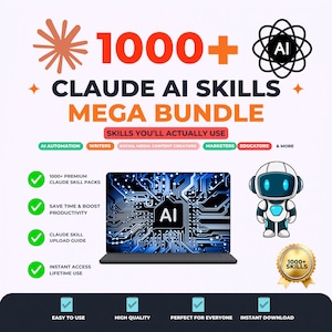 Könnte beinhalten: Werbung für ein "CLAUDE AI SKILLS MEGA BUNDLE" mit dem Text "SKILLS YOU'LL ACTUALLY USE". Das Bild enthält einen Laptop mit einer KI-Grafik, einen Roboter und Symbole, die Funktionen wie "Sofortiger Zugriff" und "Einfach zu bedienen" anzeigen.