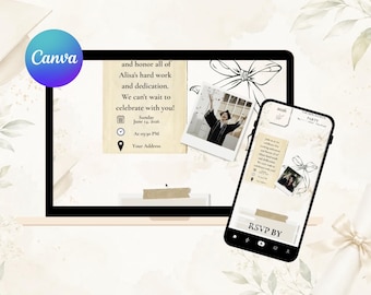Può includere: Un invito digitale a una festa di laurea visualizzato su un laptop e uno smartphone. L'invito presenta testo, una foto e un'illustrazione di un fiocco. Il logo Canva è visibile nell'angolo in alto a sinistra.