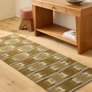 May include: A rectangular area rug featuring a repeating pattern of olive green and cream-colored rectangular blocks arranged in horizontal rows, separated by thin, vertical light gray lines that create a structured, grid-like visual effect.
