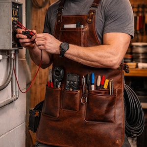 Könnte beinhalten: Braune Leder-Schürze mit mehreren Taschen, entworfen für einen Handwerker. Die Schürze hat ein Kreuz-Design und ist mit Werkzeugen gefüllt, darunter eine Zange, ein Multimeter und Stifte. Die Schürze wird von einer Person getragen, die an elektrischen Leitungen arbeitet.