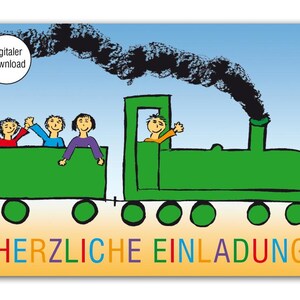 May include: A rectangular card featuring a green steam train with a black smoke trail against a blue sky. Three figures in red, blue, and purple shirts wave from a green carriage, while a driver waves from the engine. Text reads "HERZLICHE EINLADUNG".