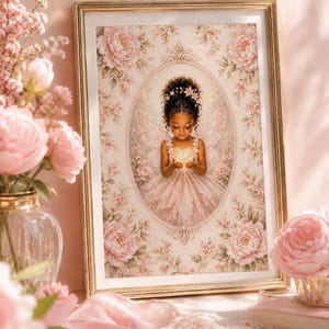 Black Fairy Holding Glowing Butterfly Art Print | Vintage Pink Floral Border | Nursery Decor