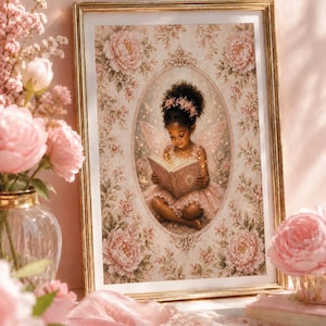 May include: A framed wall art print featuring a young fairy with dark curly hair and wings, sitting cross-legged whilst reading an illuminated book. The artwork is set within an oval frame surrounded by a floral pattern of pink peonies and greenery.