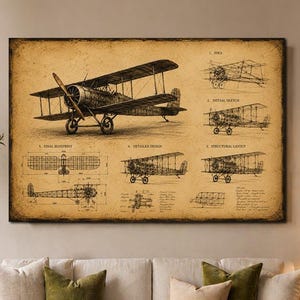 Glaskonst med teknisk ritning av flygplan, Retro ingenjörskonst i glas, Extra stor väggkonst, Konst med härdat glas, Väggbonader