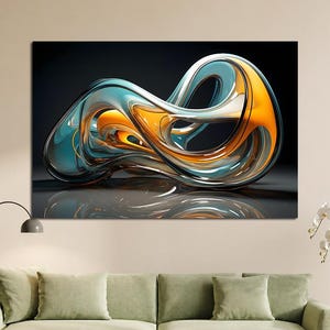May include: A rectangular wall art piece featuring a glossy, abstract sculpture with fluid, interconnected loops. The design showcases a vibrant contrast between translucent teal blue and bright orange tones, set against a deep black background.