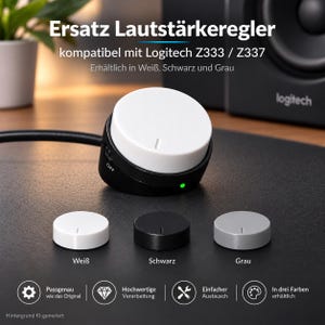 Könnte beinhalten: Ein Ersatz-Lautstärkeregler für Logitech Z333 und Z337 Lautsprecher. Das Gerät verfügt über einen weißen runden Drehknopf auf einem schwarzen Sockel mit einer grünen Leuchtanzeige. Drei weitere einzelne Knöpfe in Weiß, Schwarz und Grau sind abgebildet.