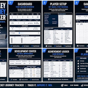 Könnte beinhalten: Ein Hockey Journey Tracker Dokument mit sieben verschiedenen Abschnitten zur Verfolgung des Spielerfortschritts, einschließlich Dashboard, Spieler-Setup, Game Center, Trainingstagebuch, Entwicklungszentrum, Erfolgs-Locker und Leitfaden für Spieler.