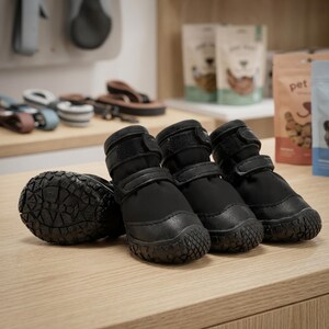 May include: A set of four black pet boots featuring durable textured rubber soles, reinforced toe caps, and adjustable hook-and-loop straps across the midfoot and ankle for a secure fit. The boots are constructed from a smooth, water-resistant fabric.