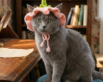 Handmade crochet pet hat, adorable pink cat headpiece with adjustable fit