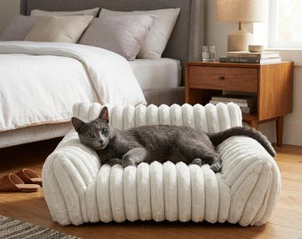 Cute Cat Couch for Pet - Cozy Fuzzy Bed in White with Removable Cover