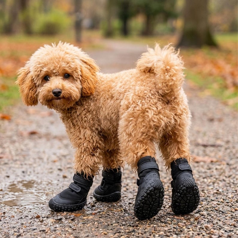 May include: A small, curly-haired apricot-colored dog standing on a gravel path. The dog is wearing four black protective boots on its paws, each featuring a textured rubber sole and a secure hook-and-loop strap closure across the top.