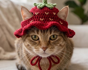 Hand-Crocheted Strawberry Cat Hat, Photo Prop for Small Pets