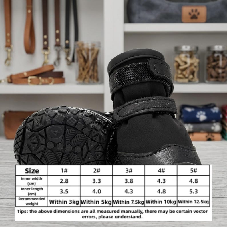 May include: A pair of black dog boots featuring textured rubber soles and two adjustable hook-and-loop straps. A size chart is displayed below the boots, listing inner widths from 2.8 cm to 4.8 cm and inner lengths from 3.5 cm to 5.3 cm for sizes 1# to 5#.