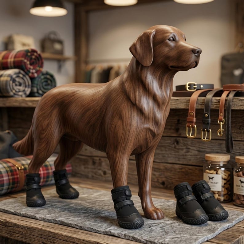 May include: A brown wooden dog figurine standing on a gray textured mat. The dog is wearing four black protective boots with hook-and-loop straps. Two additional black boots are placed on the mat in front of the figurine, which is positioned near leather collars and leashes.