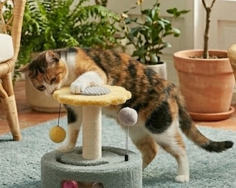 Flower Cat Scratching Post, Wooden Interactive Toy with Sisal Pillar & Rotating Base