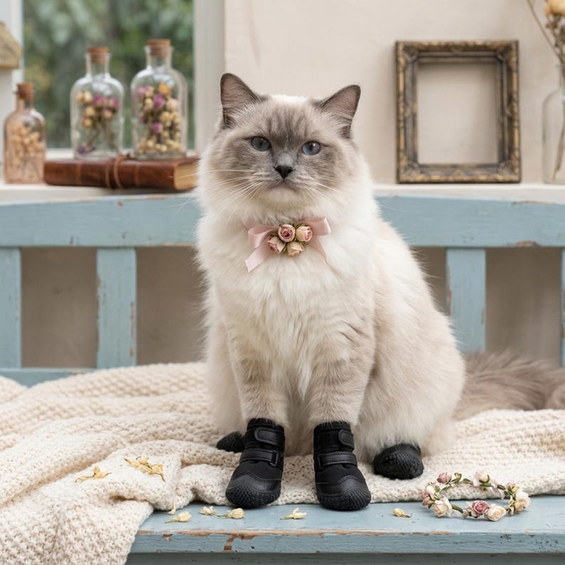 May include: A long-haired cat with blue eyes wearing a light pink ribbon collar adorned with small artificial roses and four black protective boots with velcro straps on its paws, sitting on a textured cream-colored fabric surface.