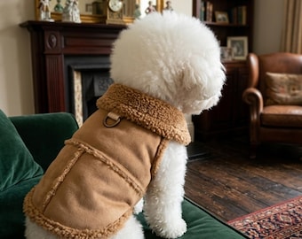 Fleece-Lined Dog Vest, Small Brown Pet Insulation Jacket with Leash Attachment