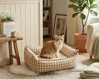 Removable washable pet bed, stylish apricot plaid cushion for pets
