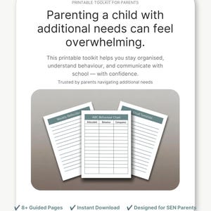 以下が含まれることがあります： 特別なニーズを持つ子供を持つ親向けの印刷可能なツールキット。画像には、週ごとの振り返りシート、ABC行動チャート、メールテンプレートの3つの印刷可能なページが表示されています。テキストには、このツールキットが親の整理整頓を支援すると書かれています。