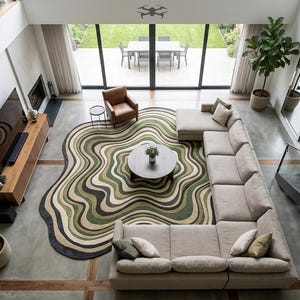 Abstract Wavy Area Rug, Irregular Shape Wool Rug, Unique Handmade Wool Rug, Organic Modern Deco, Hand Tufted Wool Abstract Organic Carpet
