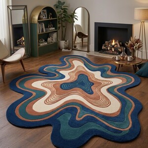 Abstract Wavy Area Rug, Irregular Shape Wool Rug, Unique Handcrafted Wool Rug, Organic Modern Deco, Star Shape Hand Tufted Area Carpet