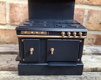 1:12 Scale stove/range - black with brass effect trim, vintage-style