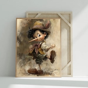 Peut inclure: Une impression d'art encadrée de Pinocchio, un personnage classique de Disney. L'œuvre représente Pinocchio dans une pose dynamique, portant un chapeau, un gilet et un short. La palette de couleurs est chaude, avec des bruns, des beiges et des touches de rouge. Le style artistique est pictural.