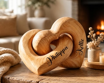 Personalized Interlocking Wooden Hearts | Engraved Couple Names, Anniversary Wedding Valentines Day Gift for Wife Husband Her Him Gift Boxed