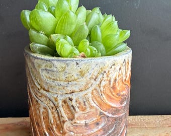 Mini Wood Fired Ceramic Succulent Planter with Drainage, Gray and Red Flashing