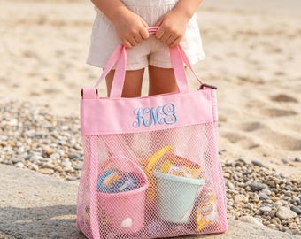 Hand Embroidered Custom Name Kids Beach Bag Summer Vacation Sand Toy Mesh Storage Tote