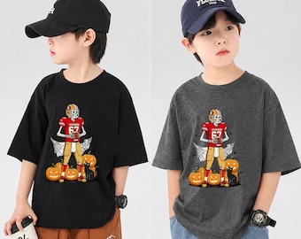 Kids Personalized Football Halloween Shirt, Custom Name Number Skeleton Tee, Spooky Sports Shirt for Boys and Girls